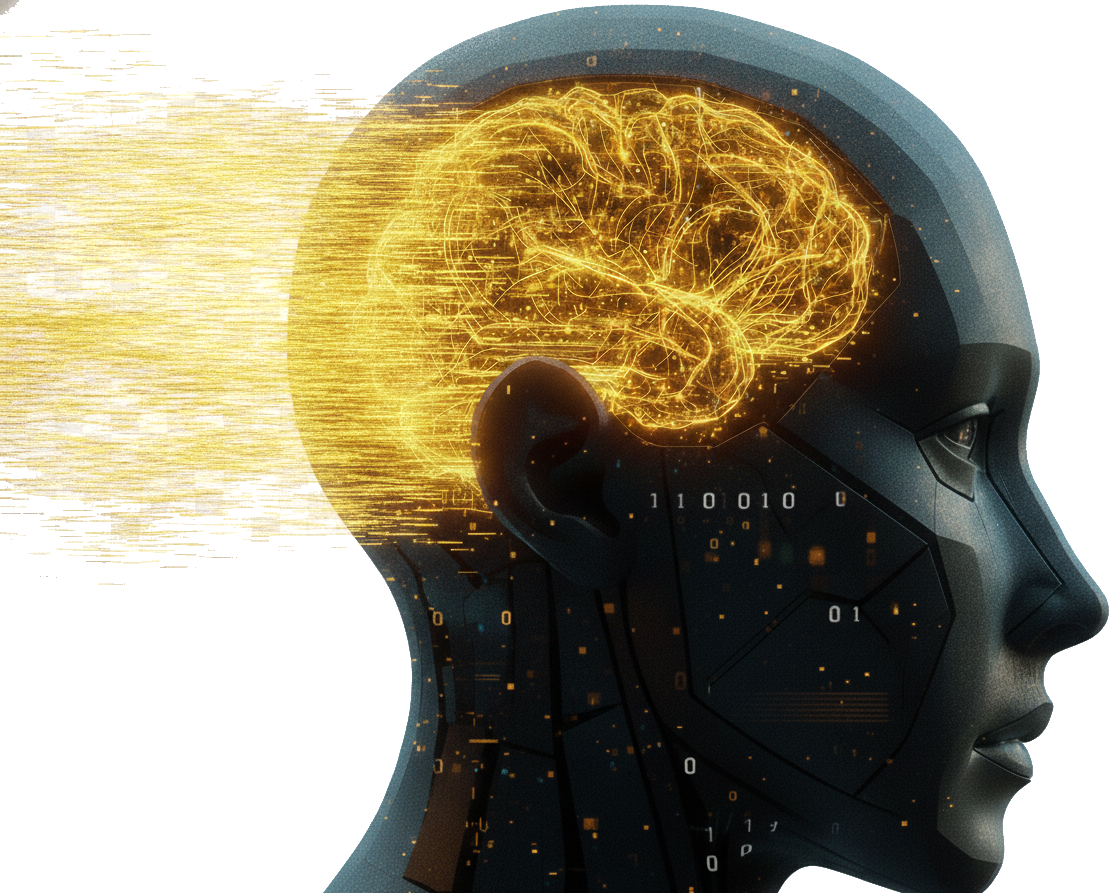 A face of dark circuitry in profile, its mind lit in gold