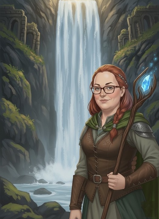 The Wordbound key art: the wordbinder Elyra stands before the Veil of Aeloria waterfall, staff in hand